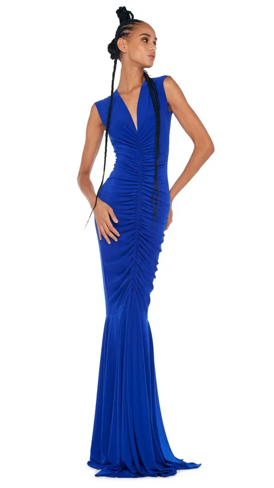 Norma Kamali Dresses DEEP V NECK SHIRRED FISHTAIL GOWN Electric Blue 8211 Clothing