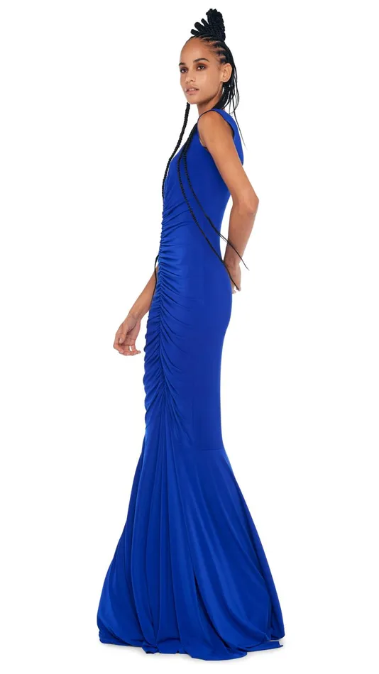 Norma Kamali Dresses DEEP V NECK SHIRRED FISHTAIL GOWN Electric Blue 8211 Clothing Norma Kamali Dresses DEEP V NECK SHIRRED FISHTAIL GOWN Electric Blue 8211 Clothing