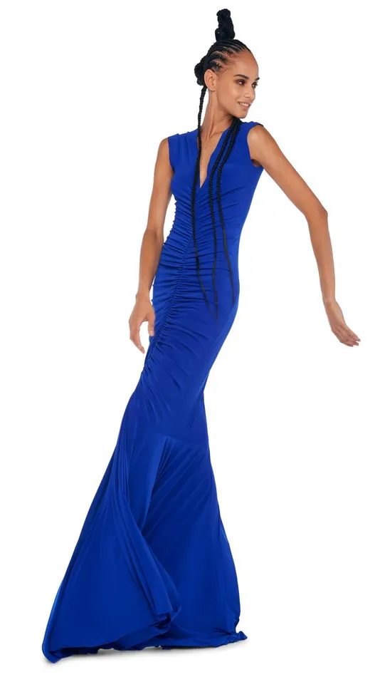Norma Kamali Dresses DEEP V NECK SHIRRED FISHTAIL GOWN Electric Blue 8211 Clothing Norma Kamali Dresses DEEP V NECK SHIRRED FISHTAIL GOWN Electric Blue 8211 Clothing