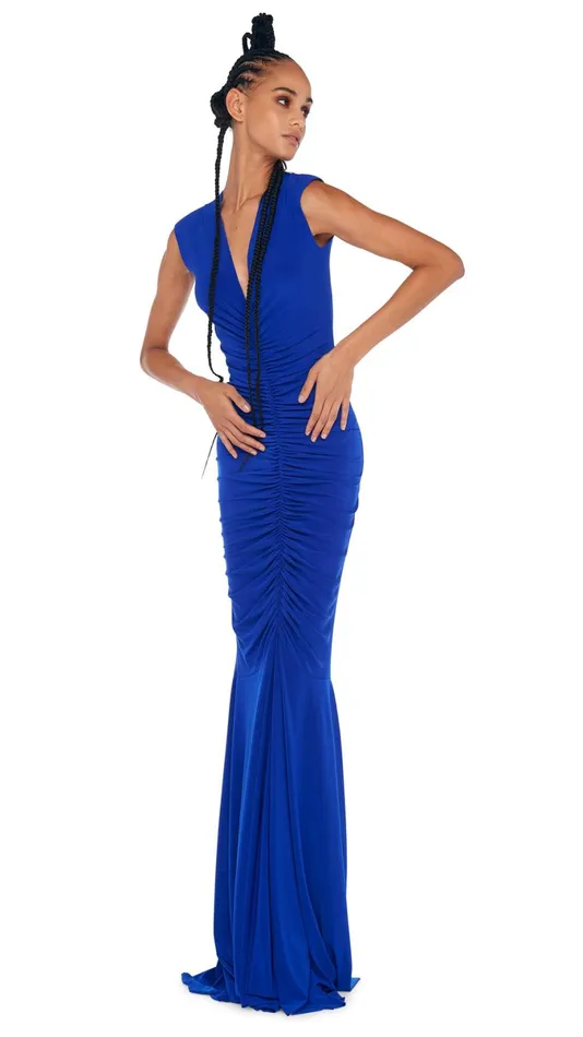 Norma Kamali Dresses DEEP V NECK SHIRRED FISHTAIL GOWN Electric Blue 8211 Clothing Norma Kamali Dresses DEEP V NECK SHIRRED FISHTAIL GOWN Electric Blue 8211 Clothing