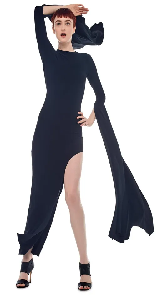 Norma Kamali Dresses RIBBON SLEEVE WIDE SLIT GOWN Black 8211 Clothing