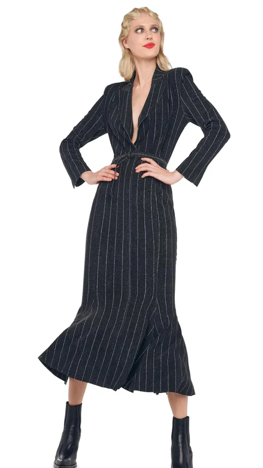 Norma Kamali Dresses SINGLE BREASTED FISHTAIL DRESS Woven Pinstripe 8211 Clothing Norma Kamali Dresses SINGLE BREASTED FISHTAIL DRESS Woven Pinstripe 8211 Clothing
