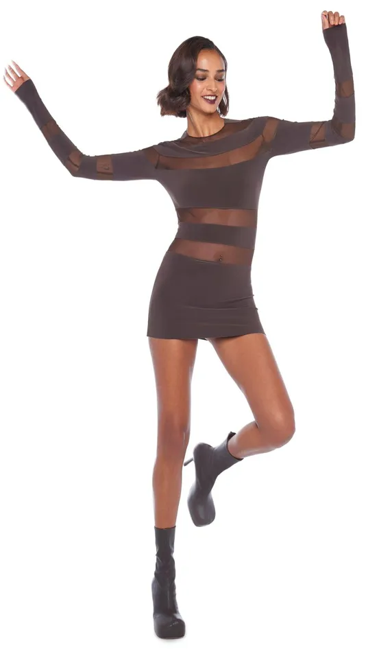 Norma Kamali Dresses SPLICED PICKLEBALL DRESS Chocolatechocolate Mesh 8211 Clothing Norma Kamali Dresses SPLICED PICKLEBALL DRESS Chocolatechocolate Mesh 8211 Clothing