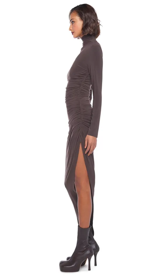 Norma Kamali Dresses TURTLE NECK SIDE DRAPE GOWN Chocolate 8211 Clothing