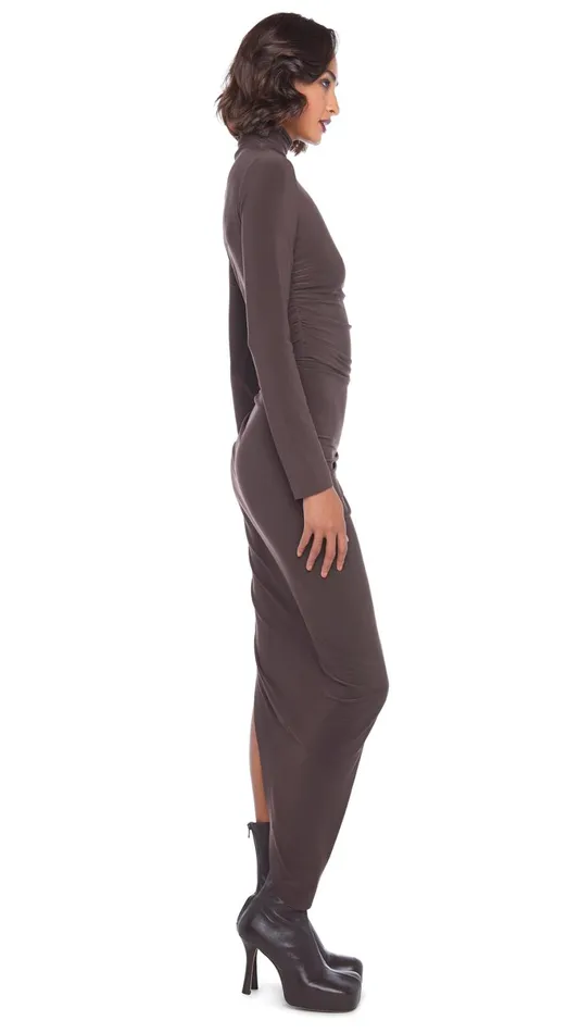 Norma Kamali Dresses TURTLE NECK SIDE DRAPE GOWN Chocolate 8211 Clothing