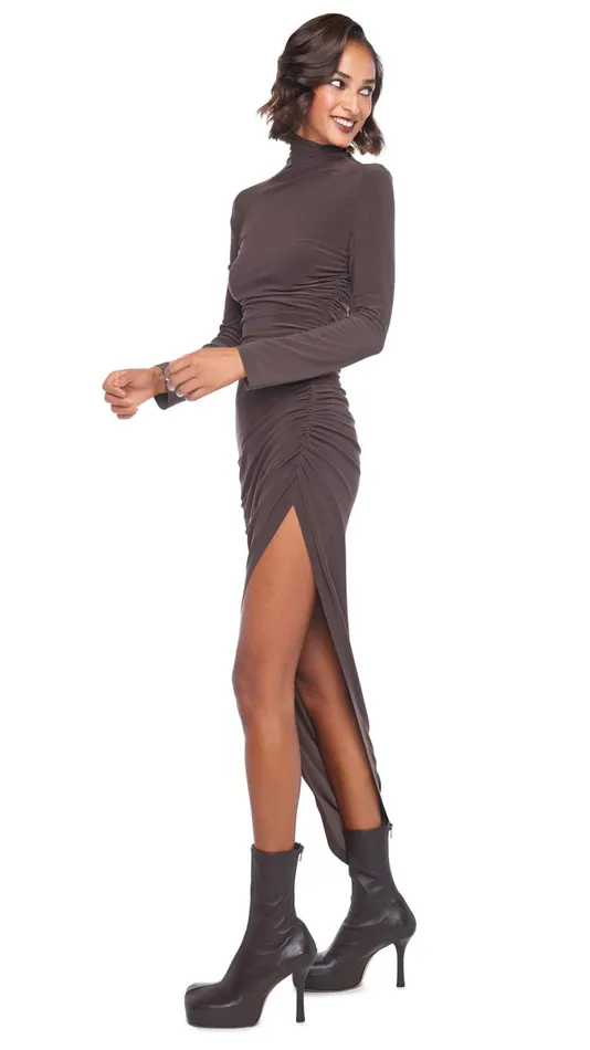 Norma Kamali Dresses TURTLE NECK SIDE DRAPE GOWN Chocolate 8211 Clothing