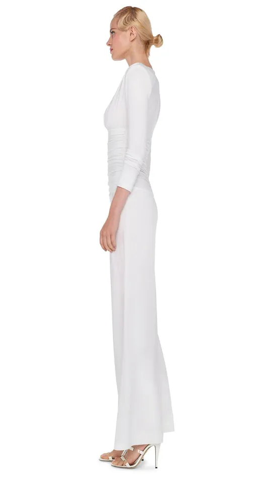 Norma Kamali Jumpsuits V NECK LS SHIRRED WAIST JUMPSUIT Snow White 8211 Clothing Norma Kamali Jumpsuits V NECK LS SHIRRED WAIST JUMPSUIT Snow White 8211 Clothing