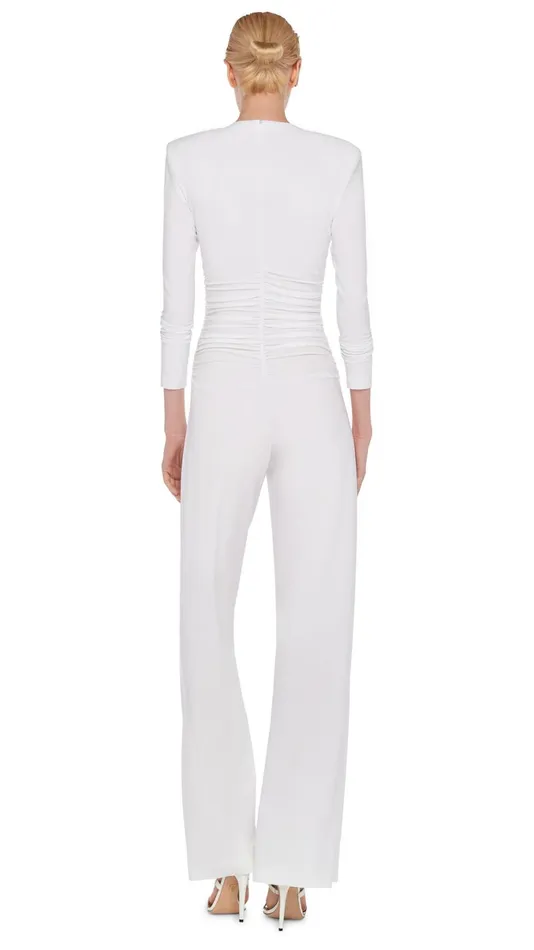 Norma Kamali Jumpsuits V NECK LS SHIRRED WAIST JUMPSUIT Snow White 8211 Clothing Norma Kamali Jumpsuits V NECK LS SHIRRED WAIST JUMPSUIT Snow White 8211 Clothing