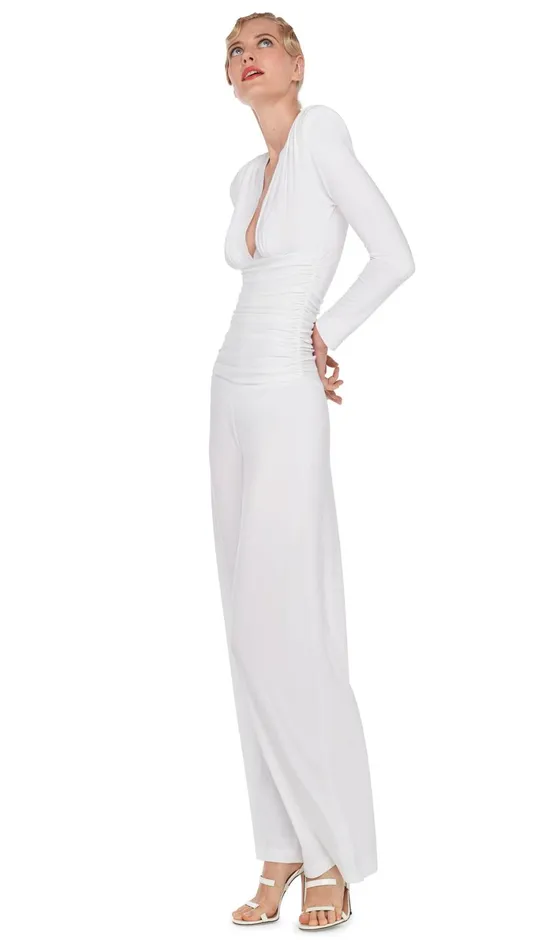 Norma Kamali Jumpsuits V NECK LS SHIRRED WAIST JUMPSUIT Snow White 8211 Clothing Norma Kamali Jumpsuits V NECK LS SHIRRED WAIST JUMPSUIT Snow White 8211 Clothing