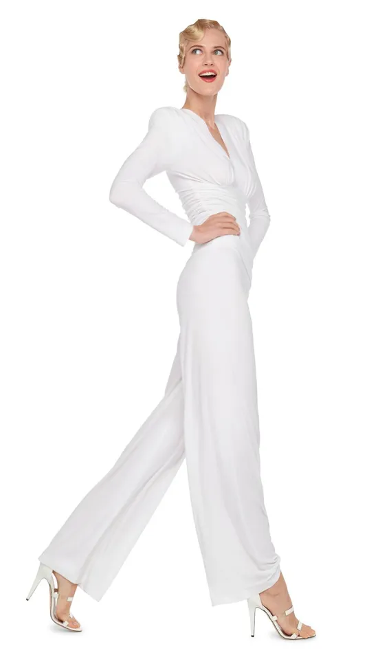 Norma Kamali Jumpsuits V NECK LS SHIRRED WAIST JUMPSUIT Snow White 8211 Clothing Norma Kamali Jumpsuits V NECK LS SHIRRED WAIST JUMPSUIT Snow White 8211 Clothing