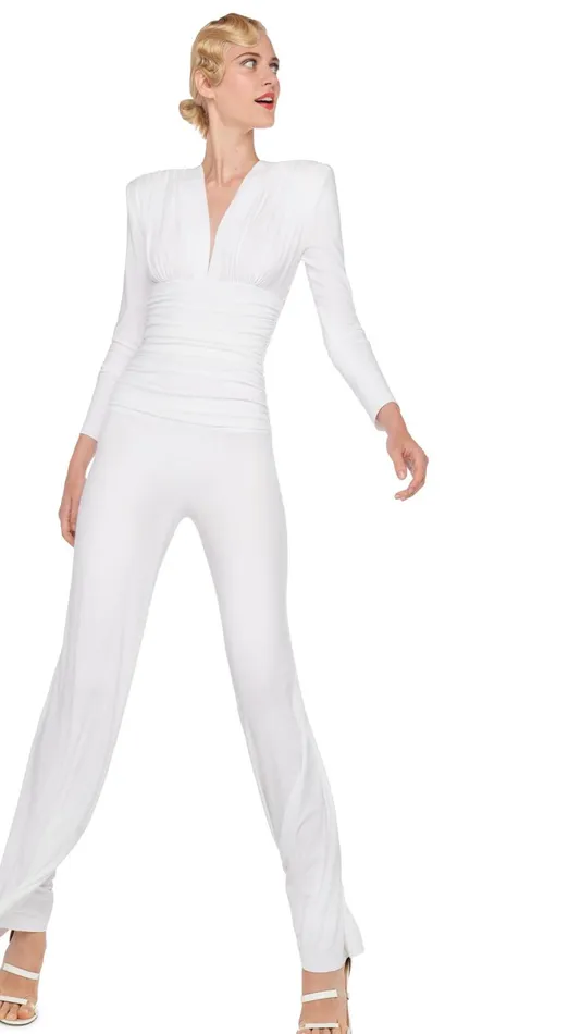 Norma Kamali Jumpsuits V NECK LS SHIRRED WAIST JUMPSUIT Snow White 8211 Clothing Norma Kamali Jumpsuits V NECK LS SHIRRED WAIST JUMPSUIT Snow White 8211 Clothing