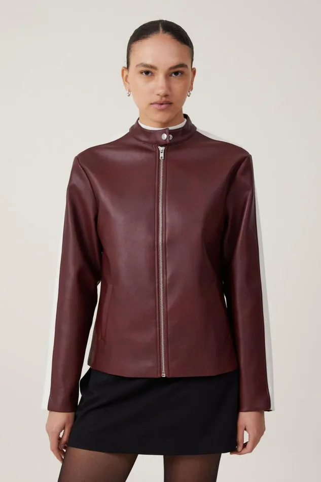 Nova Faux Leather Moto Jacket Ivy Berry Stripe Women Cotton On Jackets