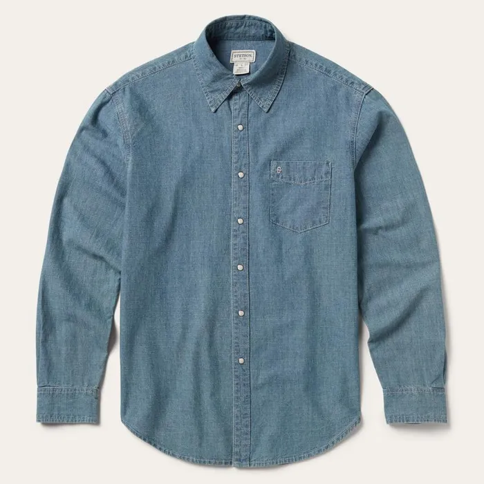 One Pocket Chambray Denim Shirt Blue Men Stetson Denim Shirts