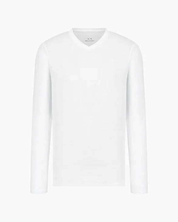 Pima Cotton Long Sleeve VNeck TShirt White Men Armani Pima TShirts