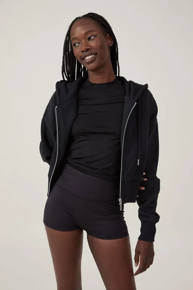 Plush Essential Cropped Zip Through Black Women Cotton On Sweats and Hoodies