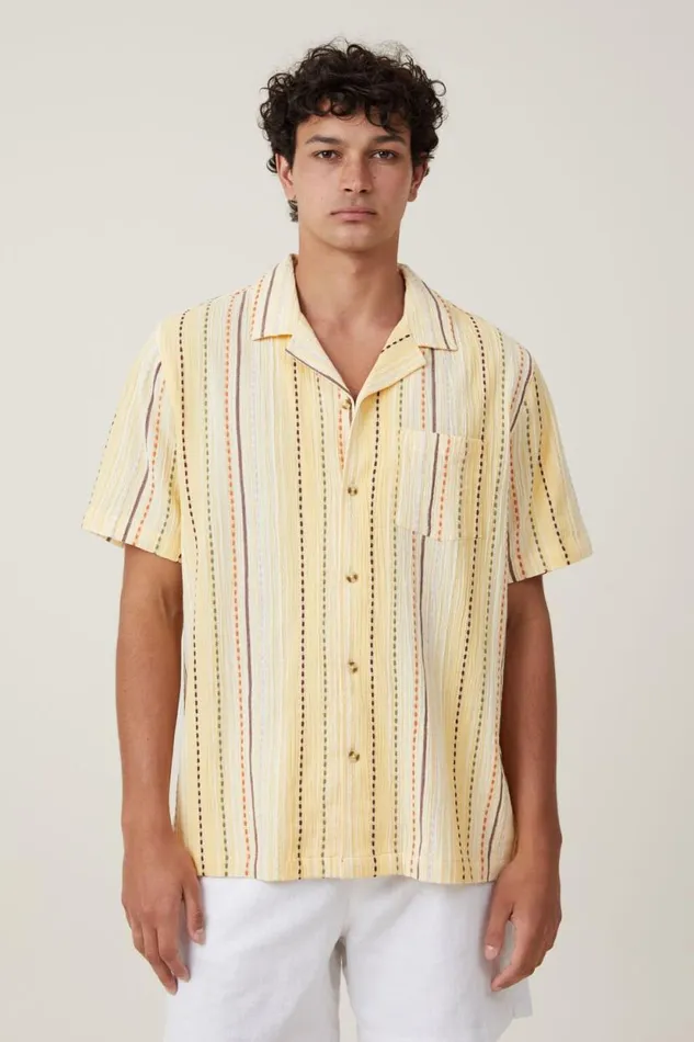 Riviera Short Sleeve Shirt Yellow Pop Stripe Men Cotton On Shirts and Polos