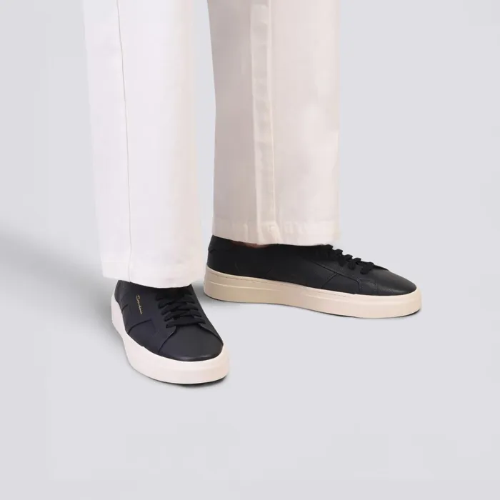 Santoni Blue Tumbled Leather Double Buckle Sneaker Men Sneakers