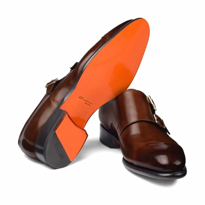 Santoni Mid Brown Leather DoubleBuckle Shoe Men Double Buckle