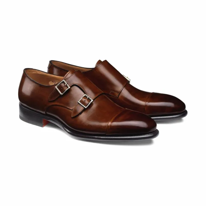 Santoni Mid Brown Leather DoubleBuckle Shoe Men Double Buckle