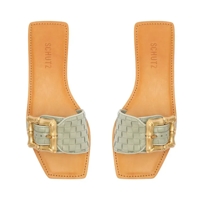 Schutz Shoes Flats Enola Woven Leather Sandal Green 8211 Women