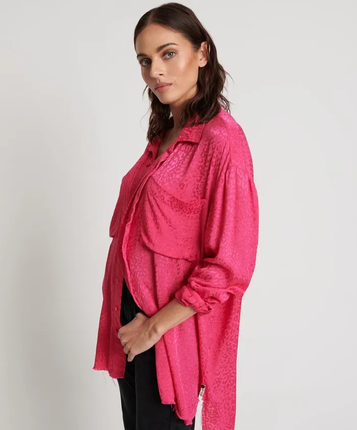SHOCKING PINK JACQUARD LONGLINE SHIRT Women One Teaspoon Shirts SHOCKING PINK JACQUARD LONGLINE SHIRT Women One Teaspoon Shirts