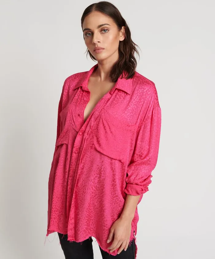 SHOCKING PINK JACQUARD LONGLINE SHIRT Women One Teaspoon Shirts SHOCKING PINK JACQUARD LONGLINE SHIRT Women One Teaspoon Shirts