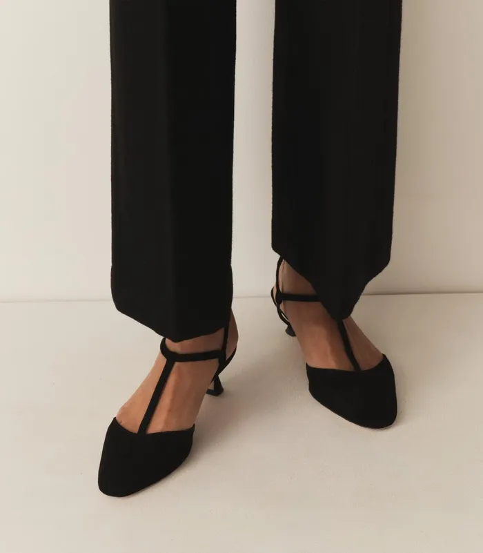 Shoes Women DEN Tabitha TStrap Heel Black Suede