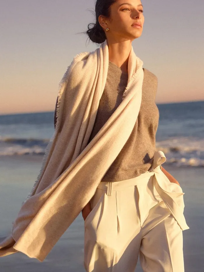 Shop Brochu Walker Scarves and Gloves The Cashmere Fringe Wrap Bisque Mlange