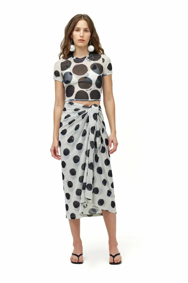 Simon Miller Tops Women Mesh Rolled Baby Tee Macadamia Black Dot Print
