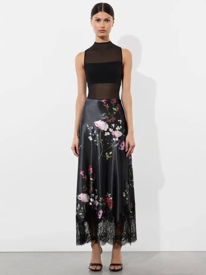 Skirts Women Alice Olivia MAEVE VELVET SLIP SKIRT WITH LACE TRIM Floral Dreams