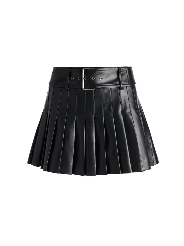 Skirts Women Alice Olivia MERA LOW RISE VEGAN LEATHER PLEATED SKIRT Black