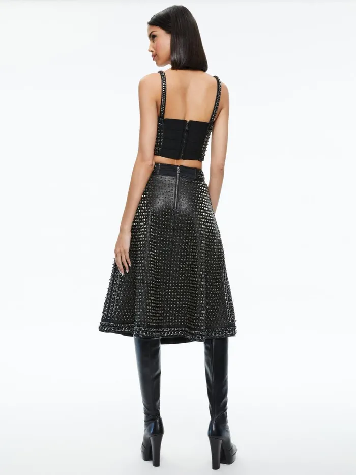 Skirts Women Alice Olivia SOSIE STUDDED LEATHER MIDI SKIRT Black