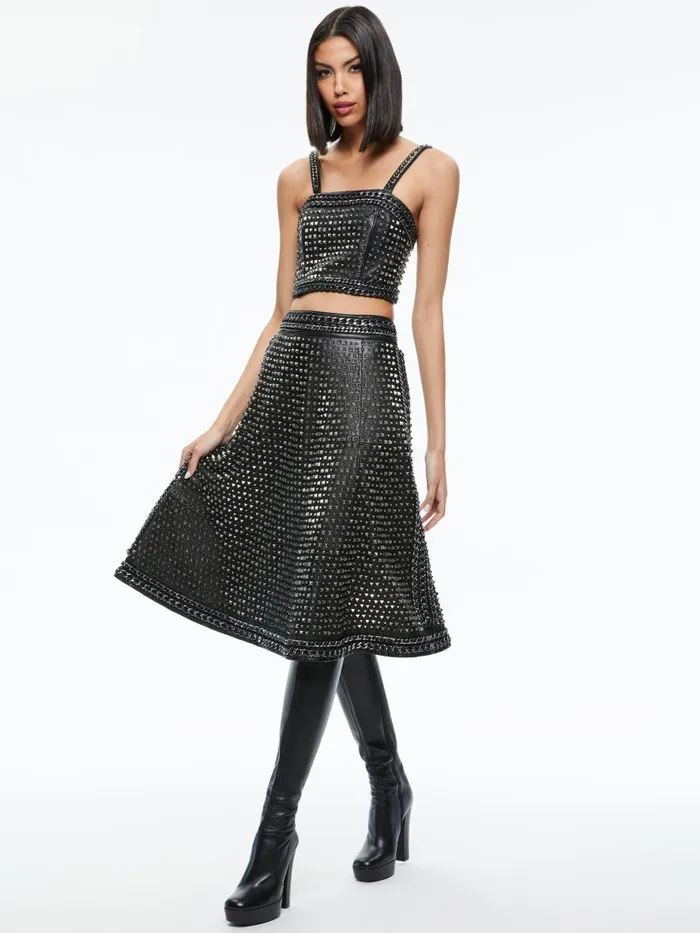 Skirts Women Alice Olivia SOSIE STUDDED LEATHER MIDI SKIRT Black