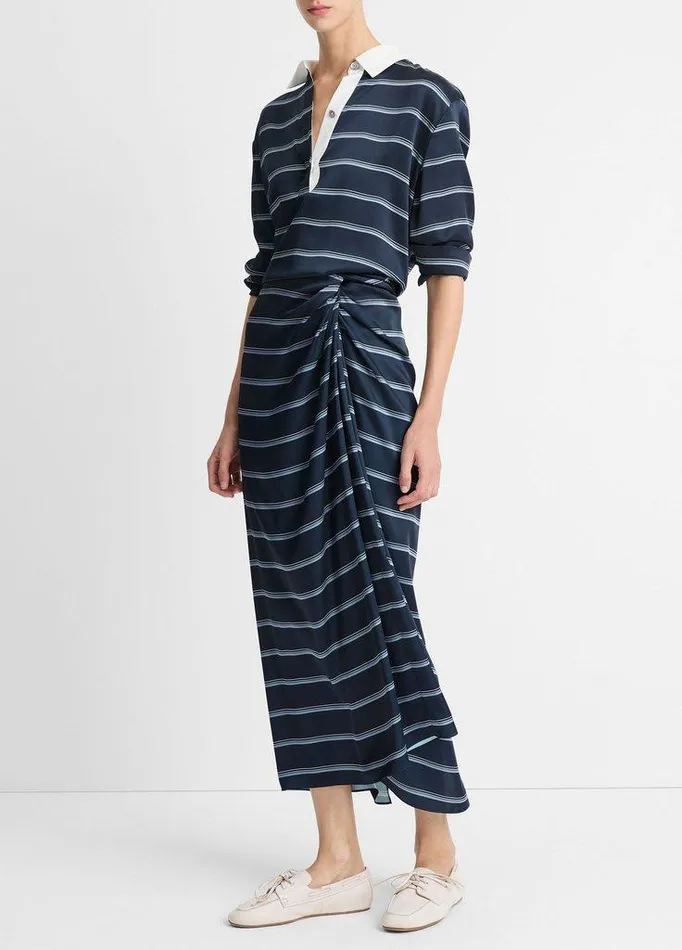 Skirts Women Vince Rugby Stripe Satin Gathered Skirt Coastal Blueslate Skirts Women Vince Rugby Stripe Satin Gathered Skirt Coastal Blueslate