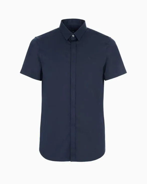Slim Fit Short Sleeve Shirt In Stretch Satin Navy Blue Men Armani Shirts