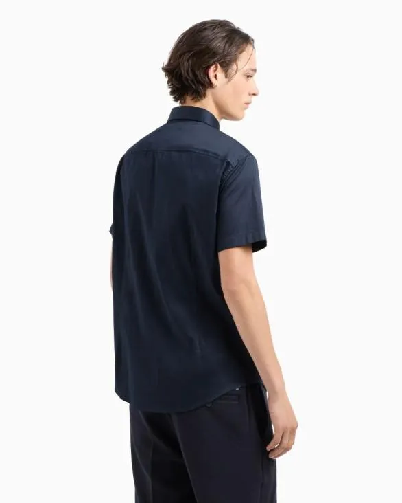 Slim Fit Short Sleeve Shirt In Stretch Satin Navy Blue Men Armani Shirts Slim Fit Short Sleeve Shirt In Stretch Satin Navy Blue Men Armani Shirts