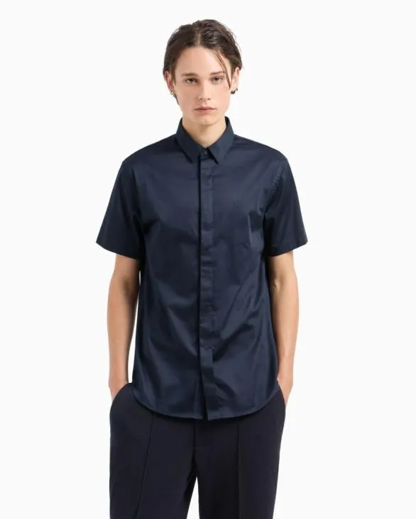 Slim Fit Short Sleeve Shirt In Stretch Satin Navy Blue Men Armani Shirts Slim Fit Short Sleeve Shirt In Stretch Satin Navy Blue Men Armani Shirts