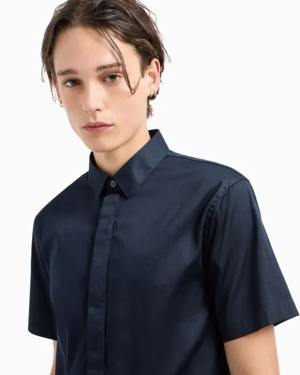 Slim Fit Short Sleeve Shirt In Stretch Satin Navy Blue Men Armani Shirts Slim Fit Short Sleeve Shirt In Stretch Satin Navy Blue Men Armani Shirts