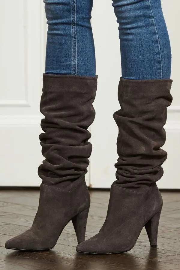 Sosandar Boots Women Charcoal Suede Slouch Cone High Heel Boot