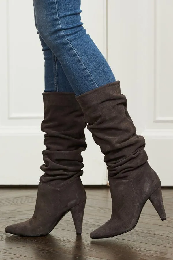 Sosandar Boots Women Charcoal Suede Slouch Cone High Heel Boot