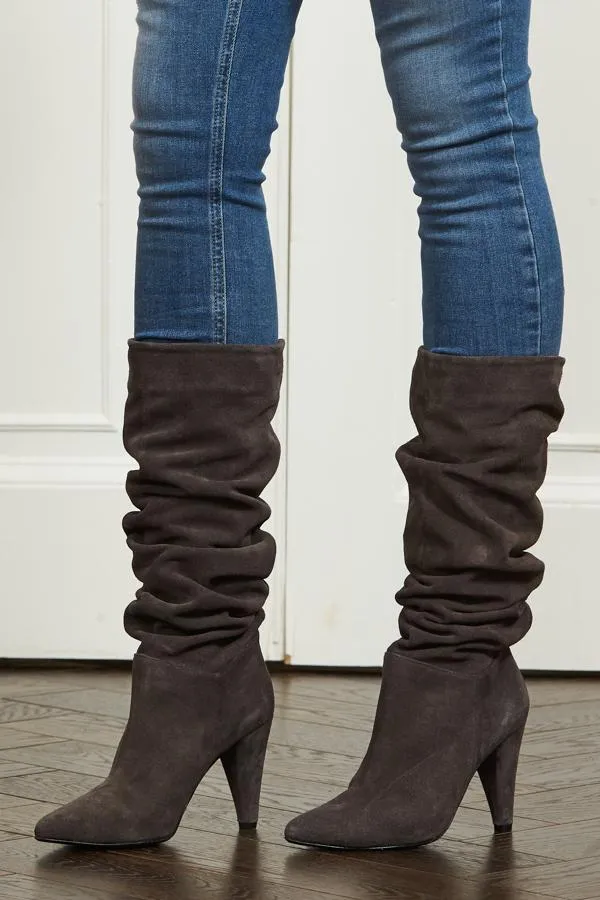 Sosandar Boots Women Charcoal Suede Slouch Cone High Heel Boot
