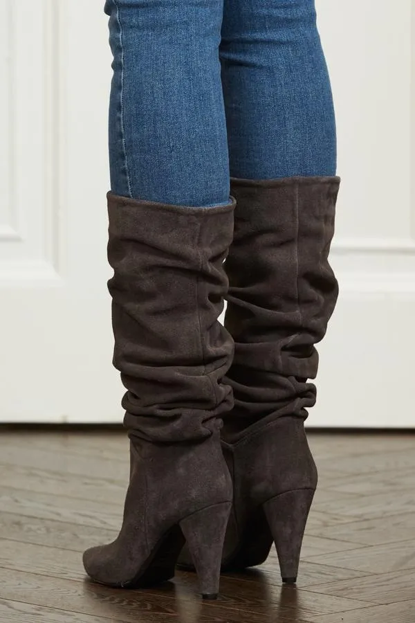 Sosandar Boots Women Charcoal Suede Slouch Cone High Heel Boot
