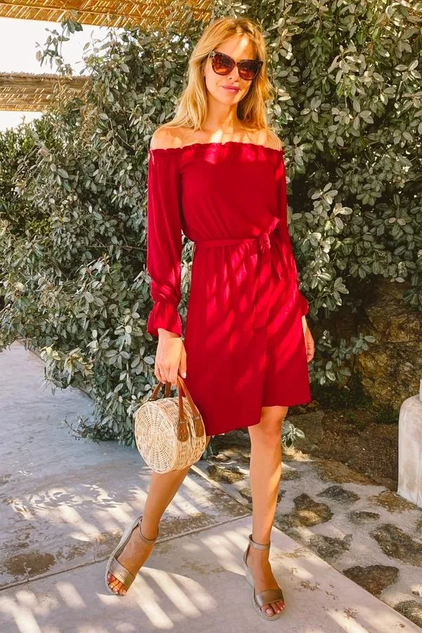 Sosandar Dresses Women Berry Bardot Blouson Sleeve Tie Waist Dress