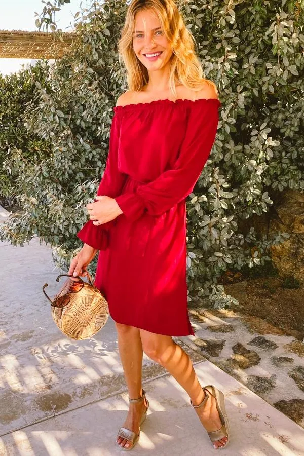 Sosandar Dresses Women Berry Bardot Blouson Sleeve Tie Waist Dress