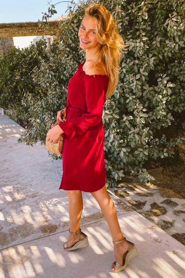 Sosandar Dresses Women Berry Bardot Blouson Sleeve Tie Waist Dress