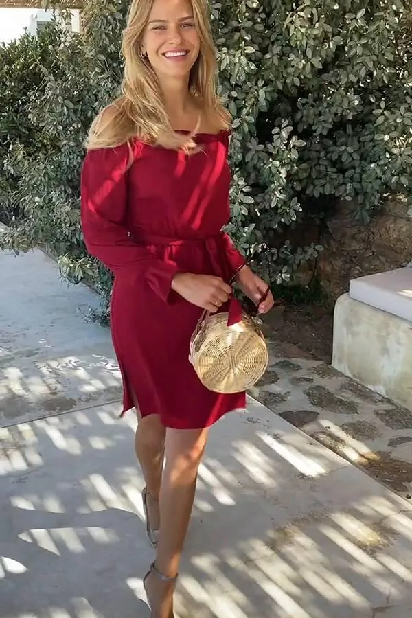 Sosandar Dresses Women Berry Bardot Blouson Sleeve Tie Waist Dress