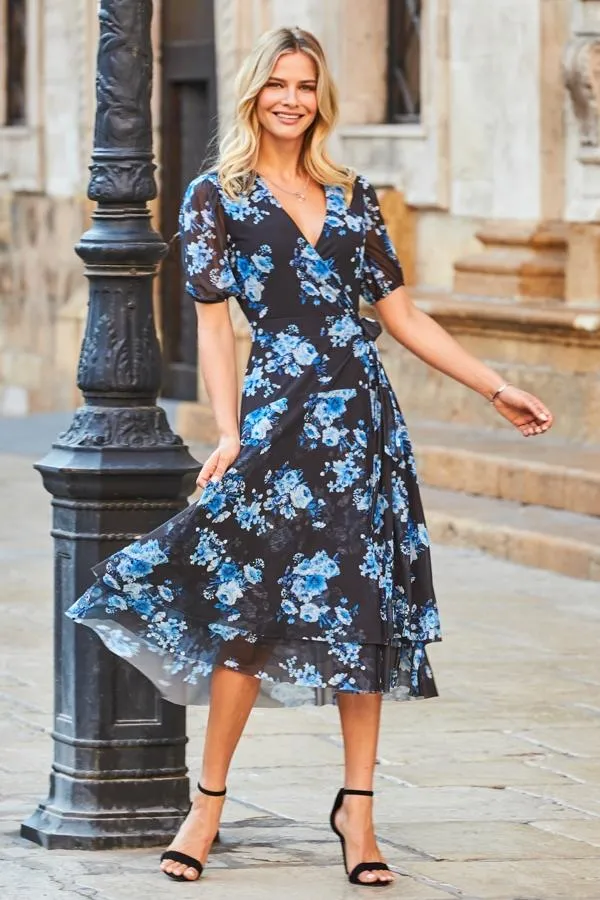 Sosandar Dresses Women Black and Blue Floral Print Mesh Wrap Dress Black Blue