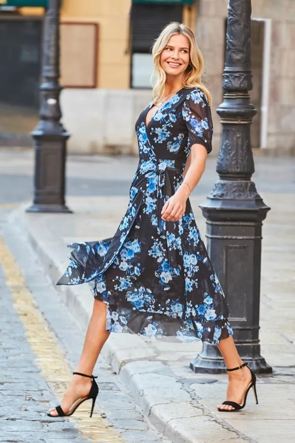 Sosandar Dresses Women Black and Blue Floral Print Mesh Wrap Dress Black Blue
