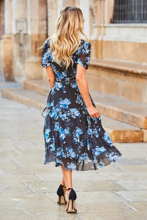 Sosandar Dresses Women Black and Blue Floral Print Mesh Wrap Dress Black Blue