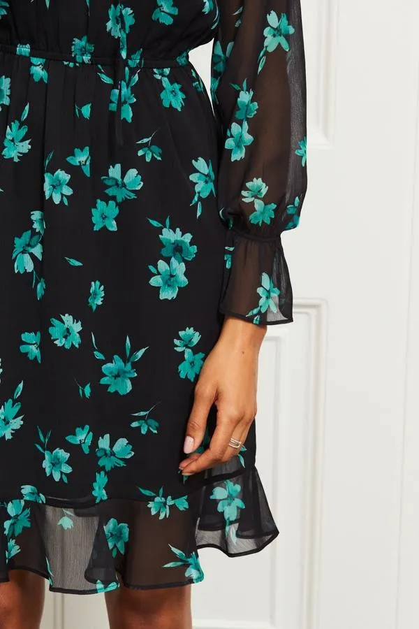 Sosandar Dresses Women Black and Green Floral Print Stretch Waist Dress Black Green
